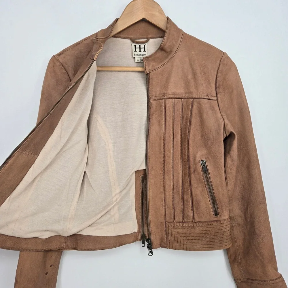 Haute Hippie Real Lambskin Leather Jacket Brown Pleated Biker Chic Boho Womens S - Picture 2 of 12